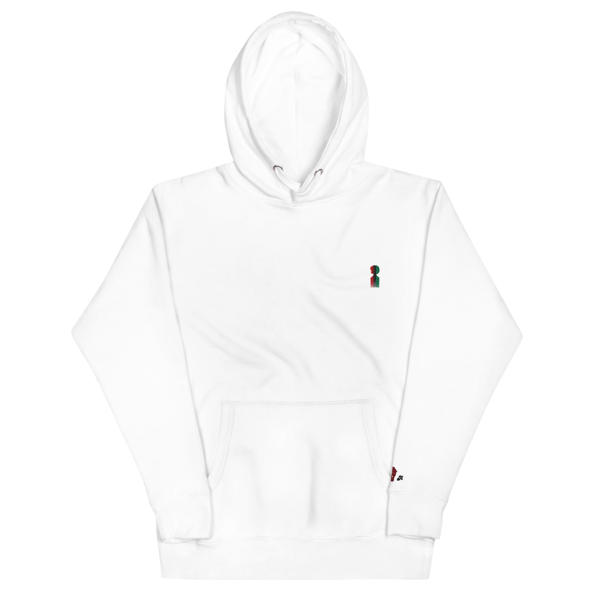 White hoodie with small embroidered logos on a white background