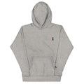 Gray hoodie with a small logo on a white background
