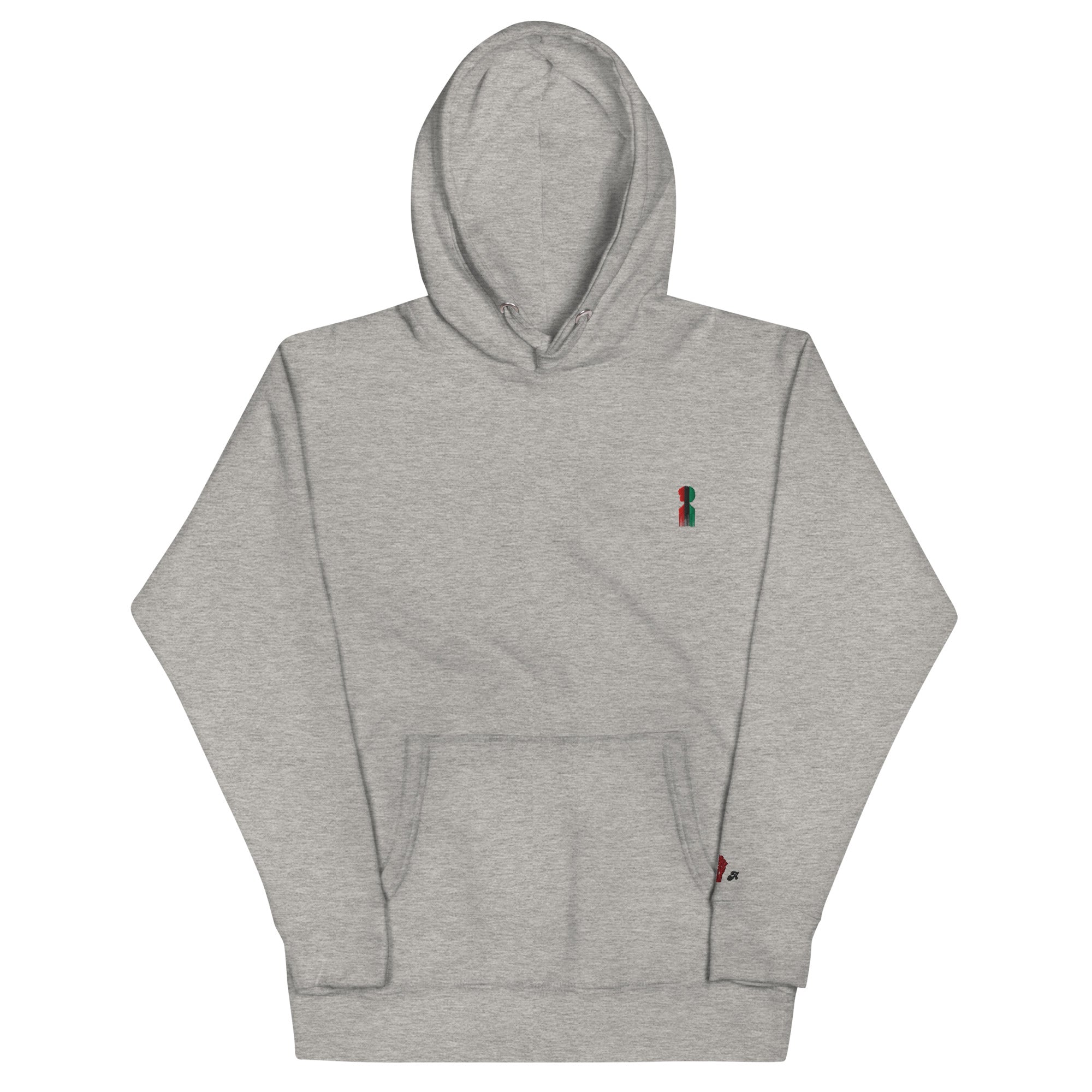 Gray hoodie with a small logo on a white background