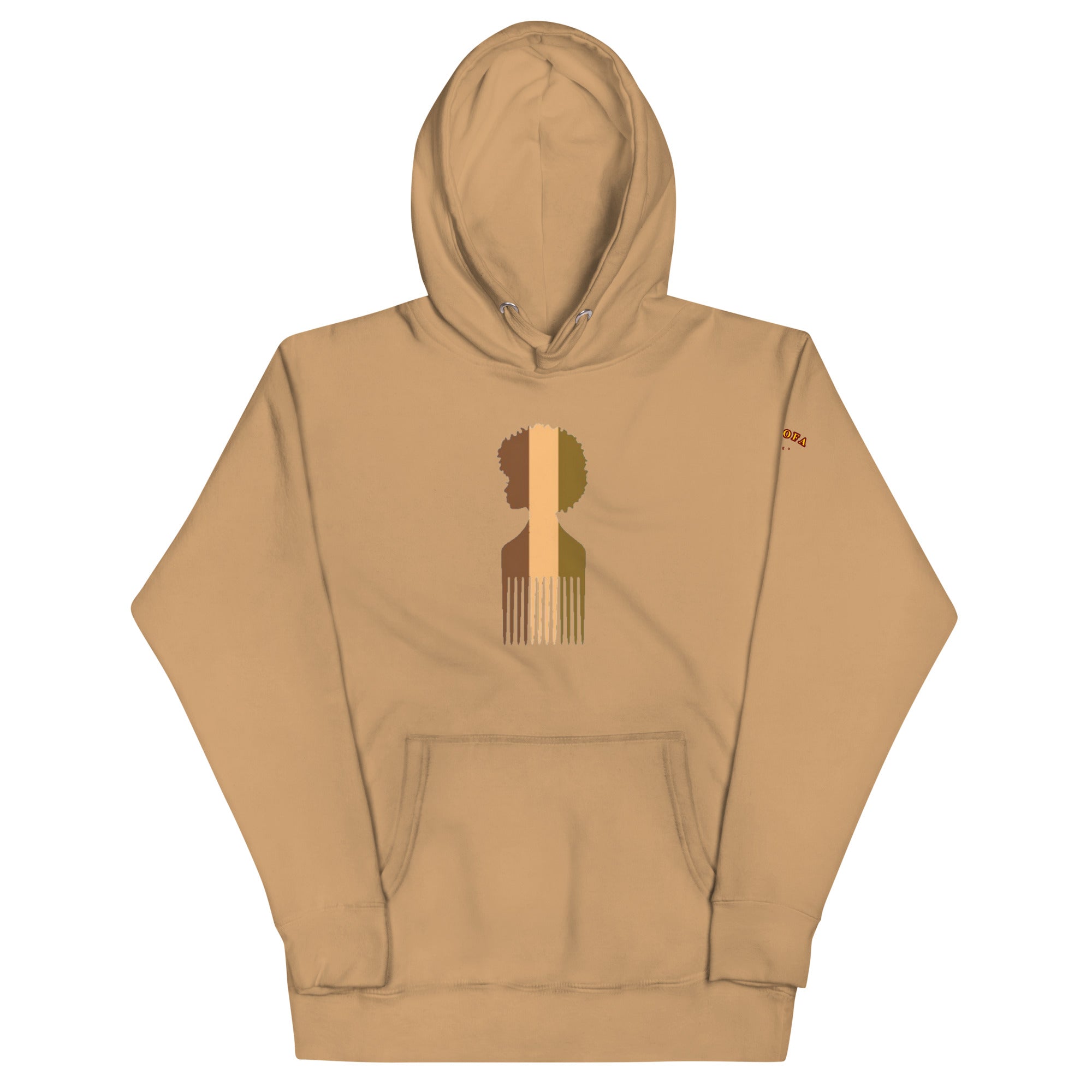 Beige hoodie with a Tri stripe Afro Pick graphic