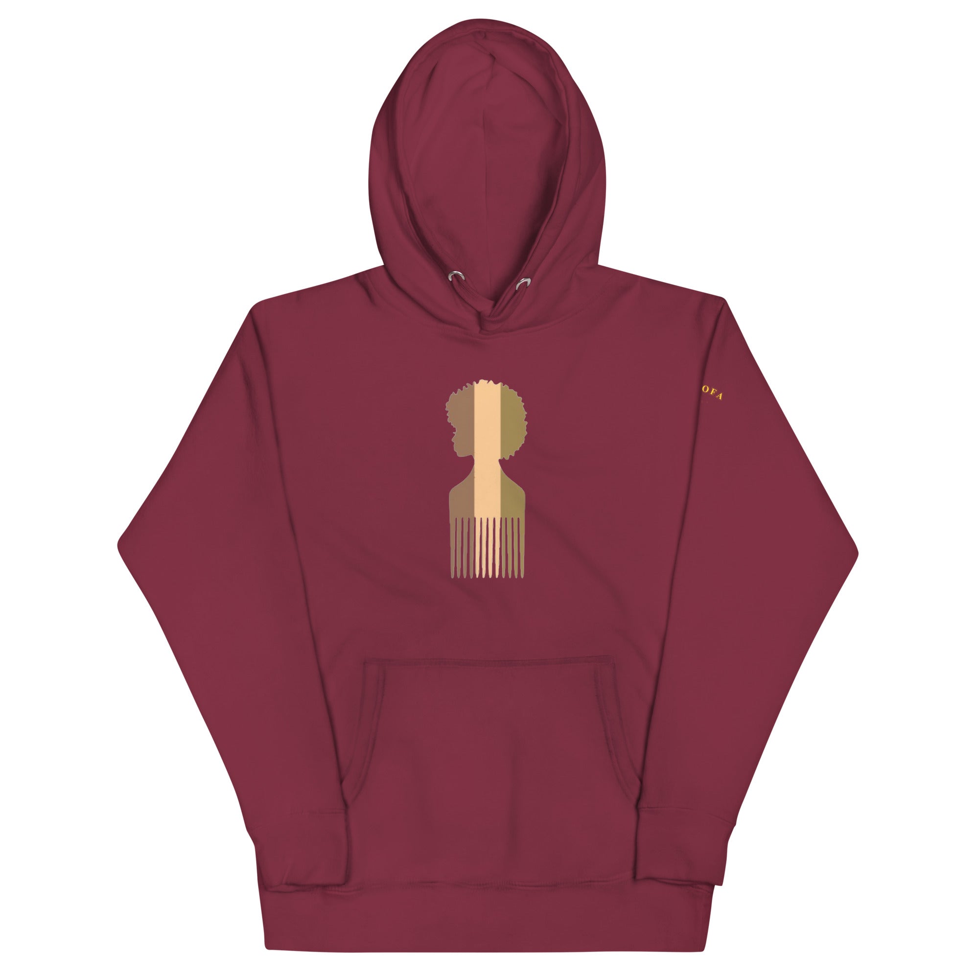 Maroon hoodie with a Tri stripe Afro Pick graphic